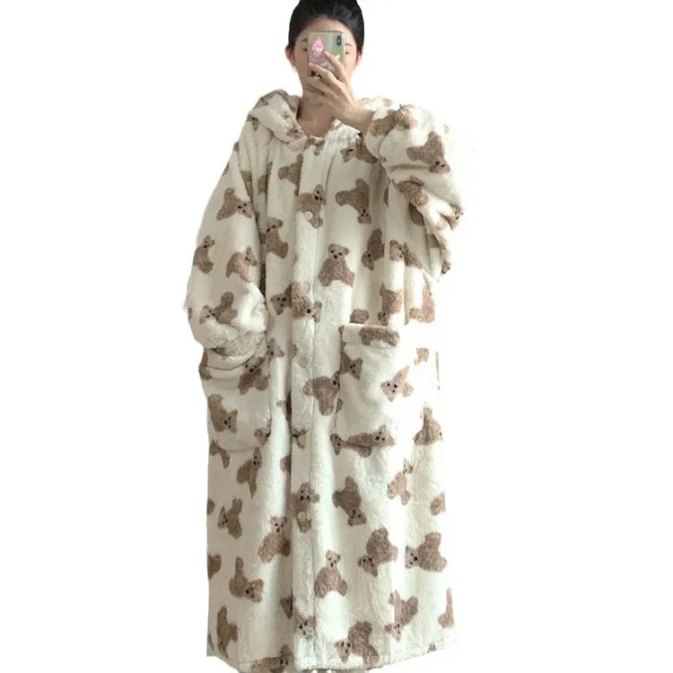 الشتاء المرجان بيجامة من الصوف المرأة لطيف الدب الصغير سميكة رداء طويل ملابس المنزل فتاة الكرتون ملابس خاصة ملابس غير رسمية