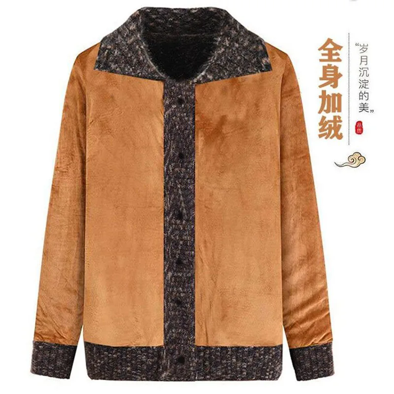 Middle-Aged Elderly Women\'s Knitted Sweater Cardigan Lapel Add Velvet Thick Sweater Loose Long-Sleeved Autumn Winter Coat Tops