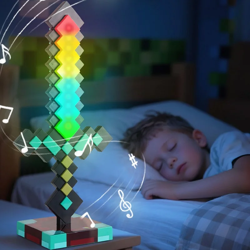 Lámpara de sable de luz con espada de píxel Mine World, juguete de bloque que brilla en la oscuridad con luz LED de escritorio de 13 colores recargable para decoración de sala de juegos