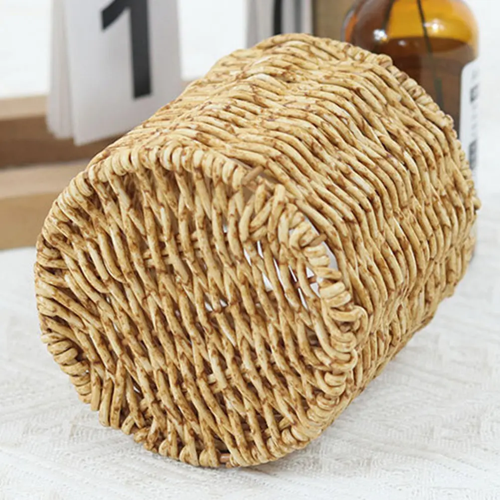 Simulated Rattan Woven Pen Holder Large Capacity Desktop Pencil Container Multifunctional Organizer for Pens Brushes Ruler