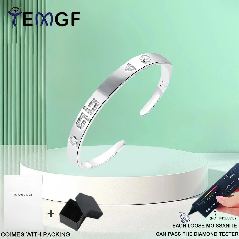 

TEMGF S925 браслет-манжета из стерлингового серебра с инкрустацией муассанитом, тонкий браслет для женщин, уникальный модный простой ювелирный браслет-сюрприз, подарки