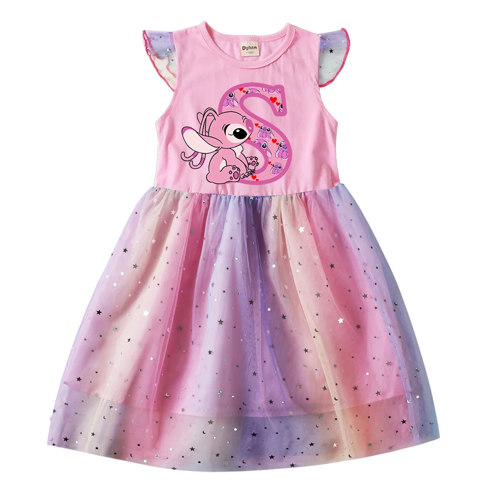 

Girl Dress Stitch Angel New Letter ABCD Name Combination Children Princess Dresses Kid Cartoon Casual Clothes Girls Gauze Sleeve