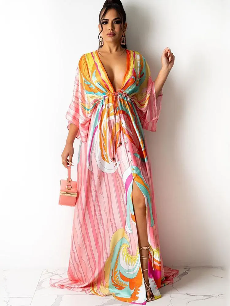 Elegant Gorgeous Printing Dress Plus SizeWomen Casual Elastic Waist Long Party Dress 2023 Summer Loose Slit Beach Dress A932