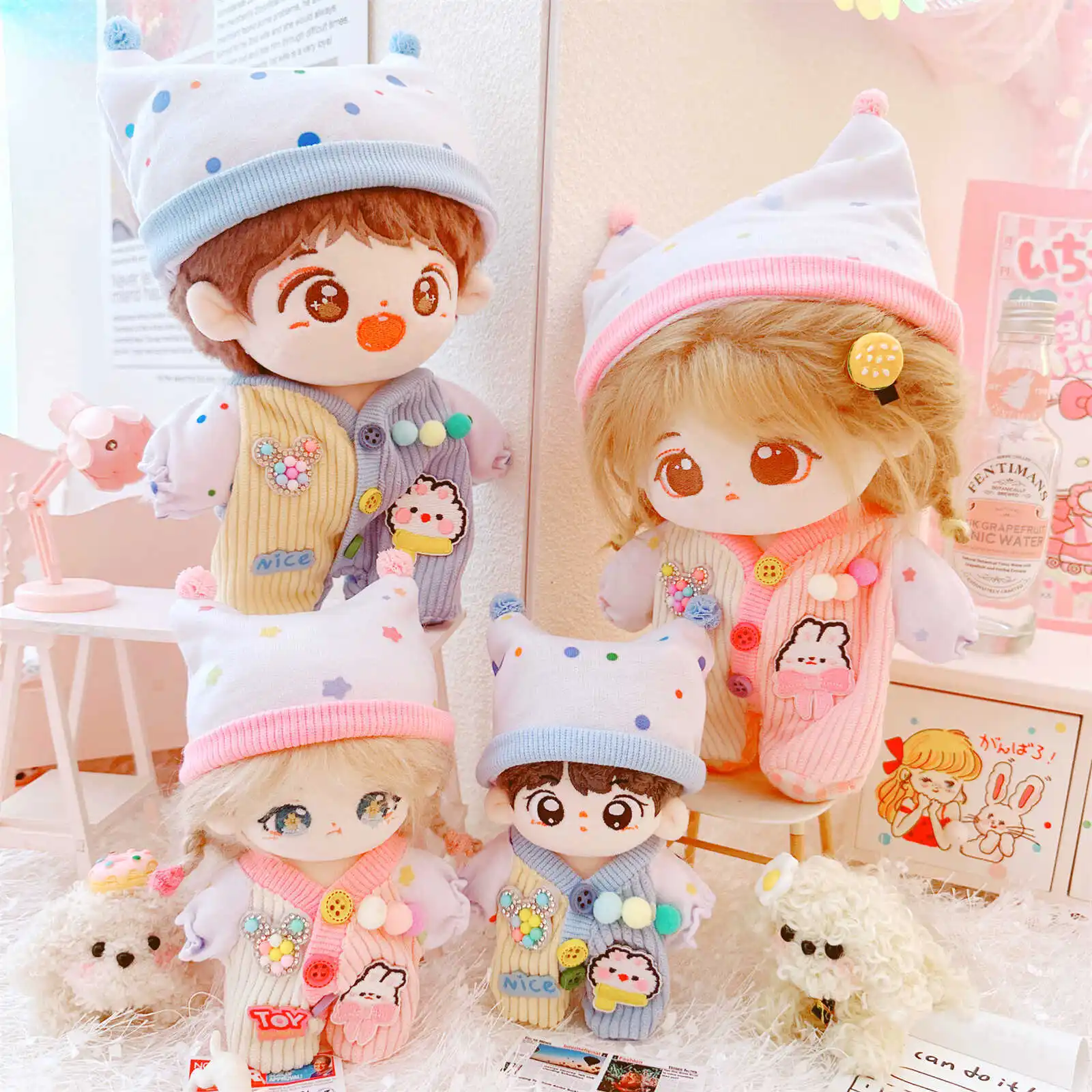 10/20cm Kawaii Idol Doll Clothes for Pink Blue Pajamas Set Cute Stuffed Cotton Doll Clothes DIY Dress Up Changing Clothes Games