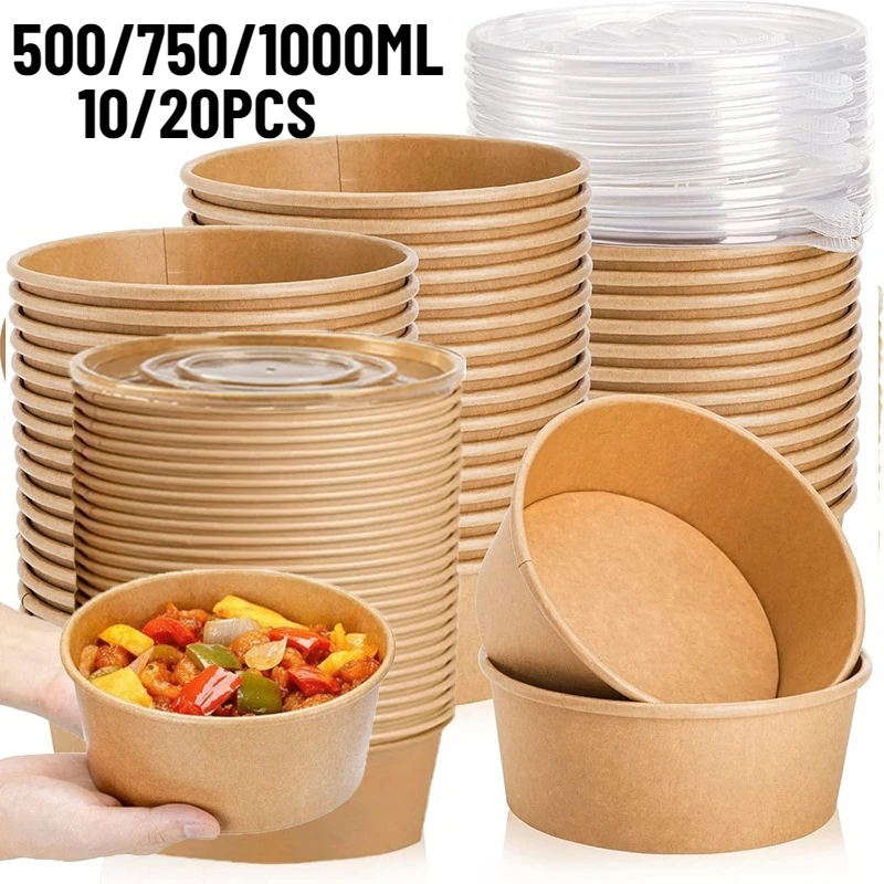 Lancheira descartável com tampas, 10/20 peças, papel kraft, tigela redonda, sopa, salada, macarrão, festa de aniversário, acampamento, cozinha, caixas bento