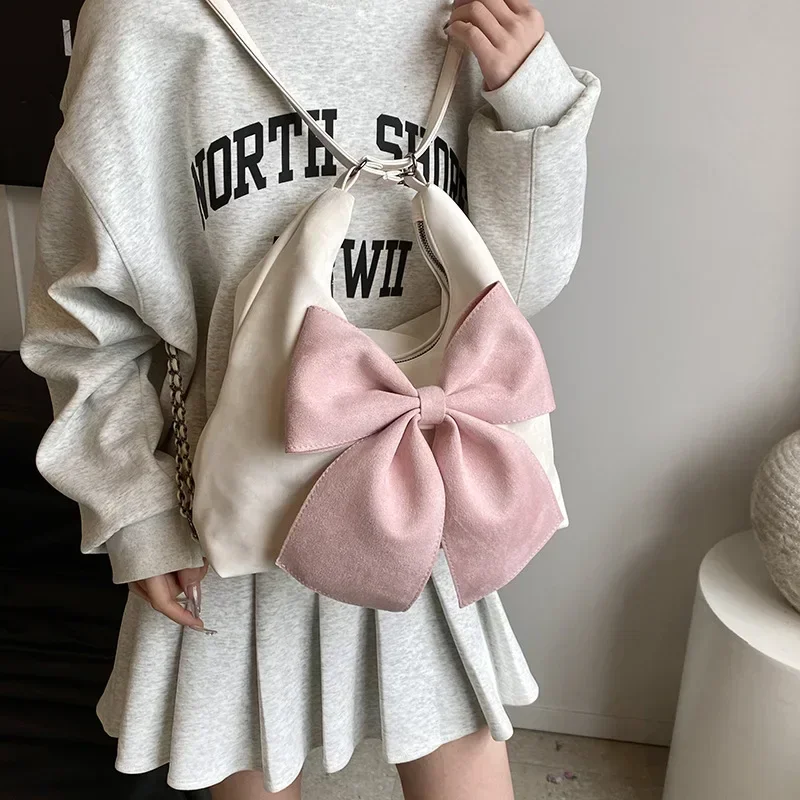 Bolso de hombro con lazo grande para mujer, mochila elegante de PU suave Kawaii de gran capacidad, estilo Ins, a la moda