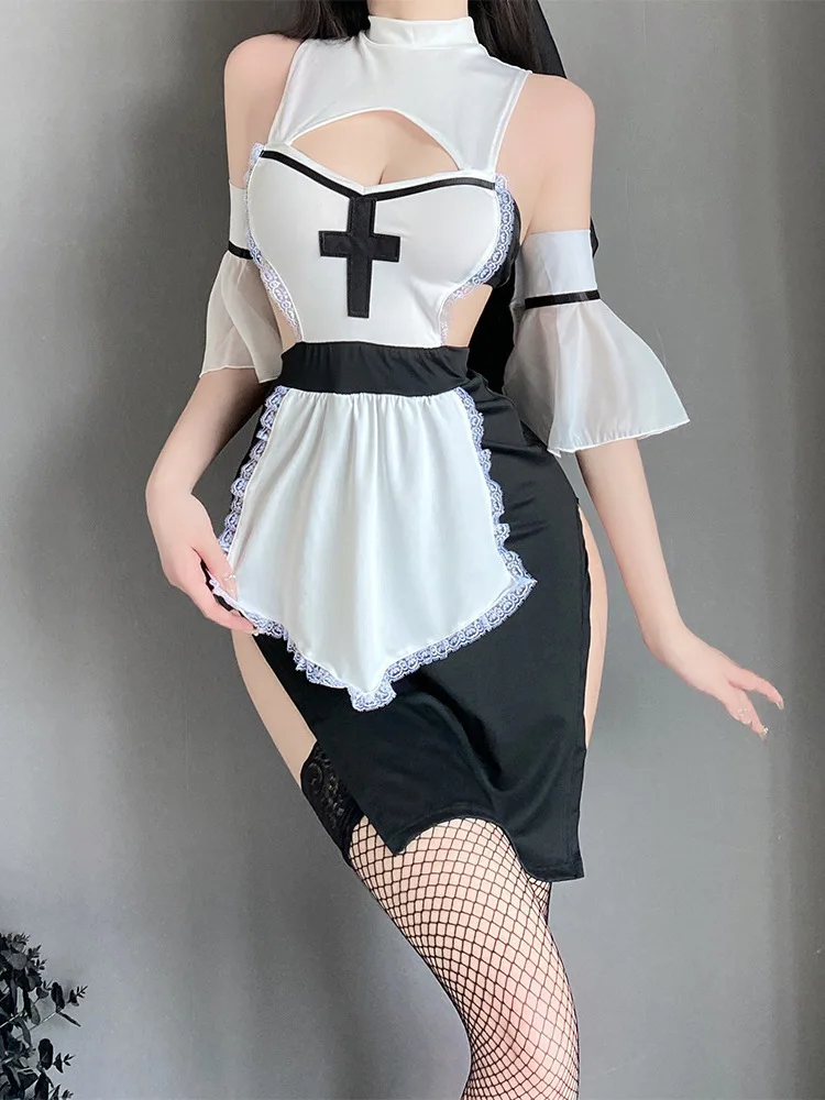 Sexy Nun Cosplay Uniform Pure Desire Robe Dress Elegant Fashion Sexy Korean Women Tank Mini Dress 2024 New Sweet Tops 85VA