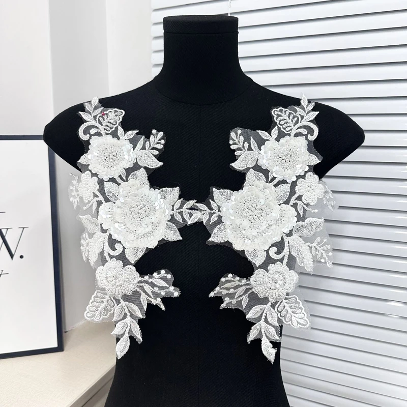 

1pair Polyester Lace 3D Beaded Corsage Patch Hollowed-Out Lace Trim Sequins Pearls Embroidery Applique Dress Clothing Accessory