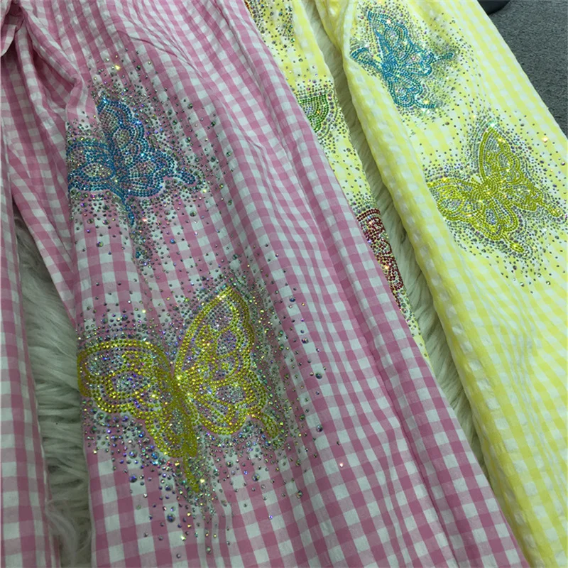 เพชรเจาะกางเกงผู้หญิงลดอายุผีเสื้อลายสก๊อตขาตรงเอวกางเกงขากว้างผ้าฝ้ายฤดูร้อนกางเกงบาง