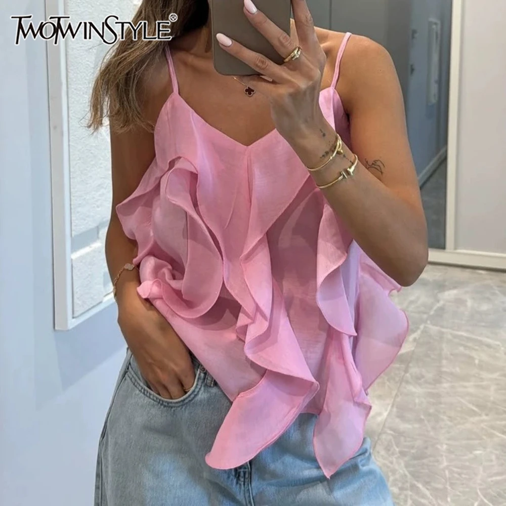 TWOTWINSTYLE Pink Folds Cami Vests for Women Plunge V Neck Sleeveless Multi Layer Ruffle Loose Vest for Daily Streetwear Dating