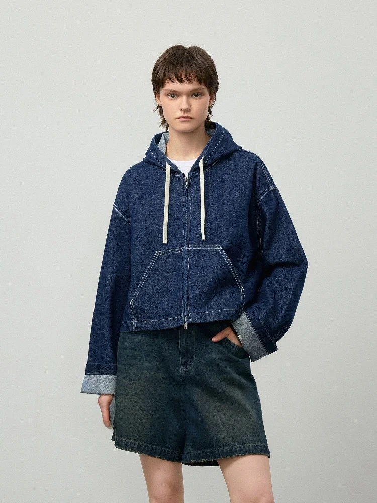 

Джинсовая куртка с капюшоном и шнурком Waable от Hua Ji Yan Moon Lake Enzyme Floating Stone, женская повседневная весенняя верхняя одежда