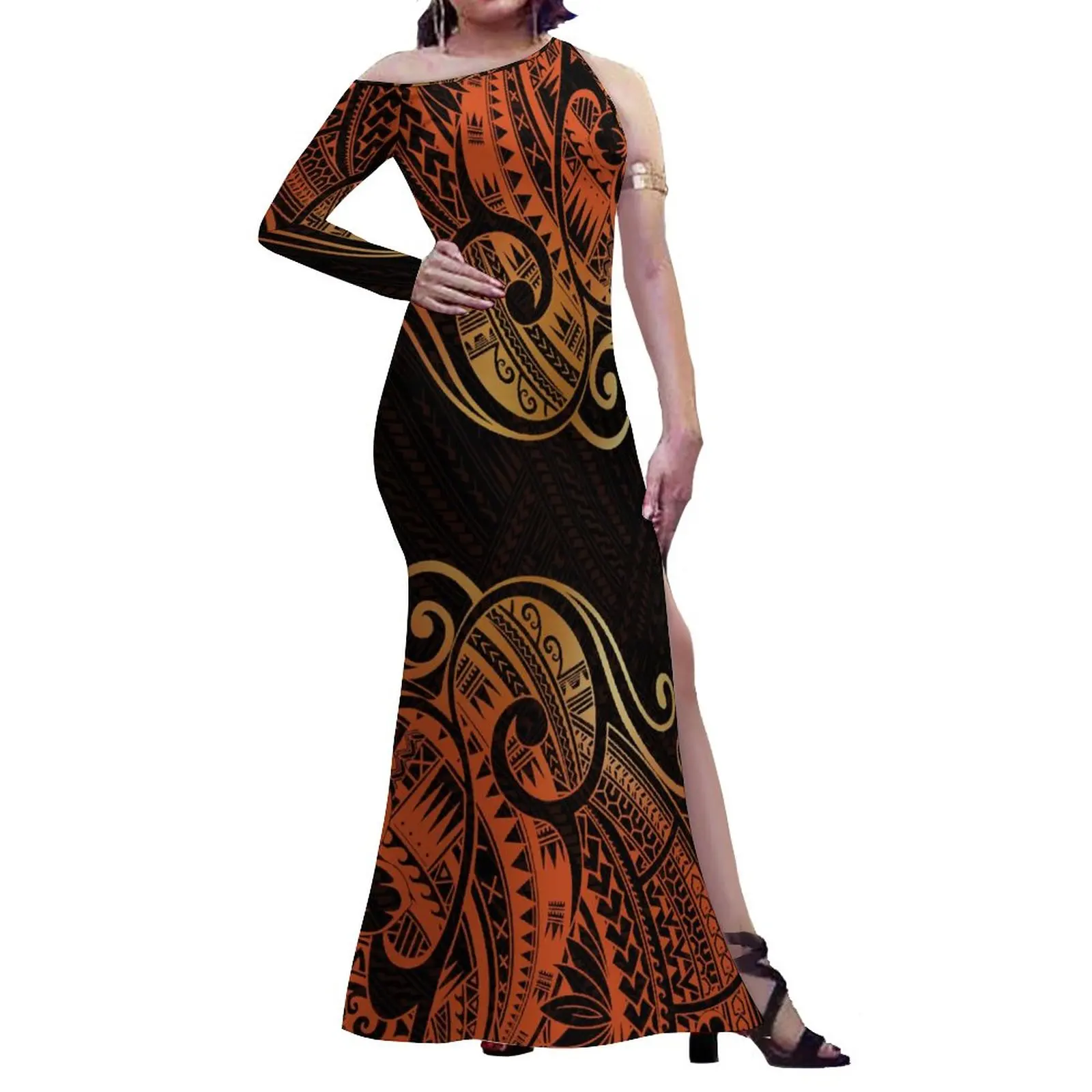 

Best Selling Polynesian Hawaii Style Hibiscus 3D Print Half Shoulder Dress Pacific Island Art Size 8XL Sleeveless Slit Dress