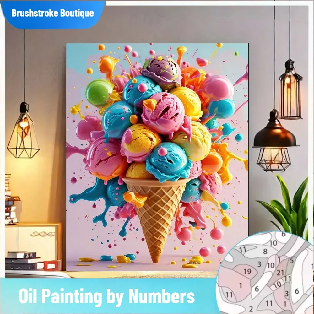 

Brushstroke Colorful Ice Cream Cone Hyper Реалистичный игривый 3D стиль Холст Diy Цифровая картина маслом Набор для взрослых Рамка Not Inc