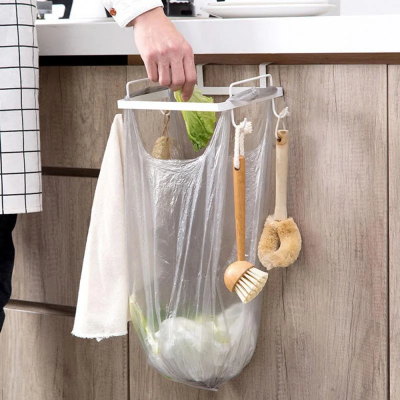 Metal Trash Rack Kitchen Cupboard Door Back Hanging Plastic Waste Bag Storage Stand Garbage Bracket Rubbish Bag Holder Frame