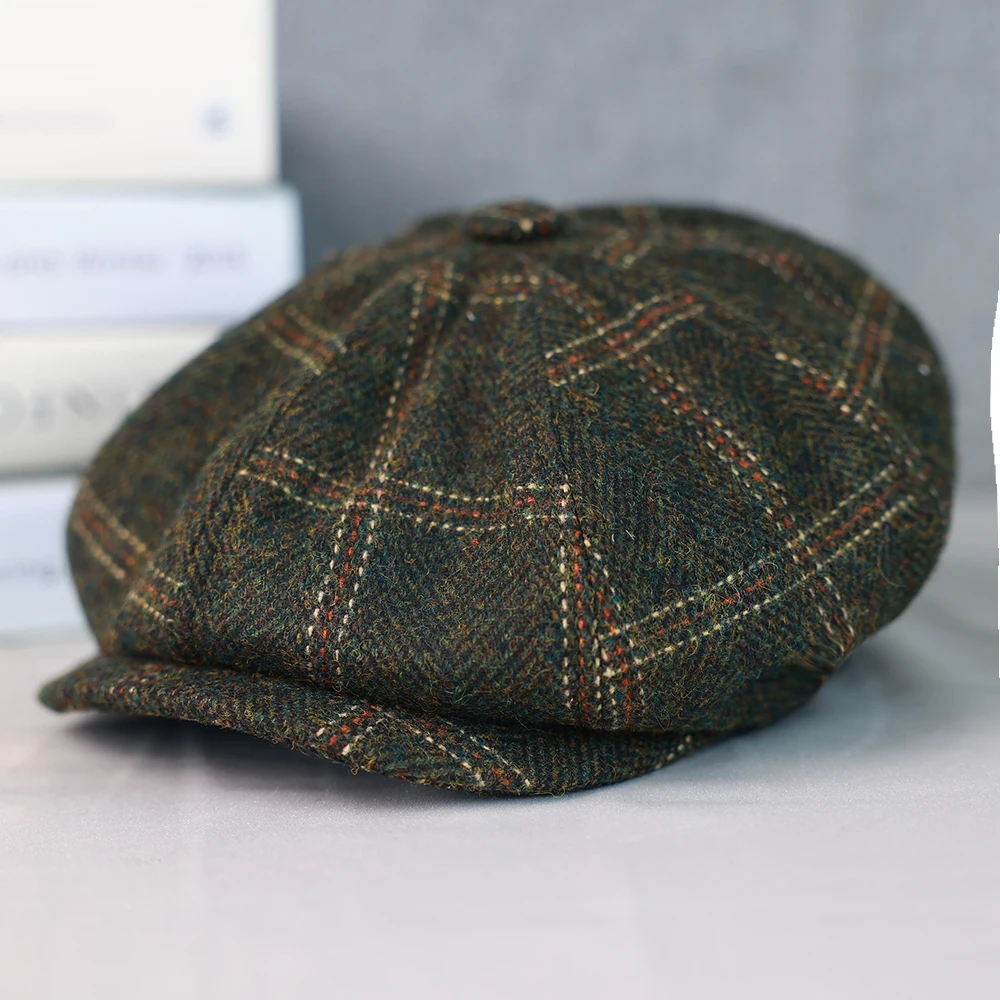 Green Plaid New Wool Flat Cap Men\'s Golf Cabbie Hat Gatsby Ivy Cap Irish Hunting Hat Newsboy Driver Cabbies Beret 015