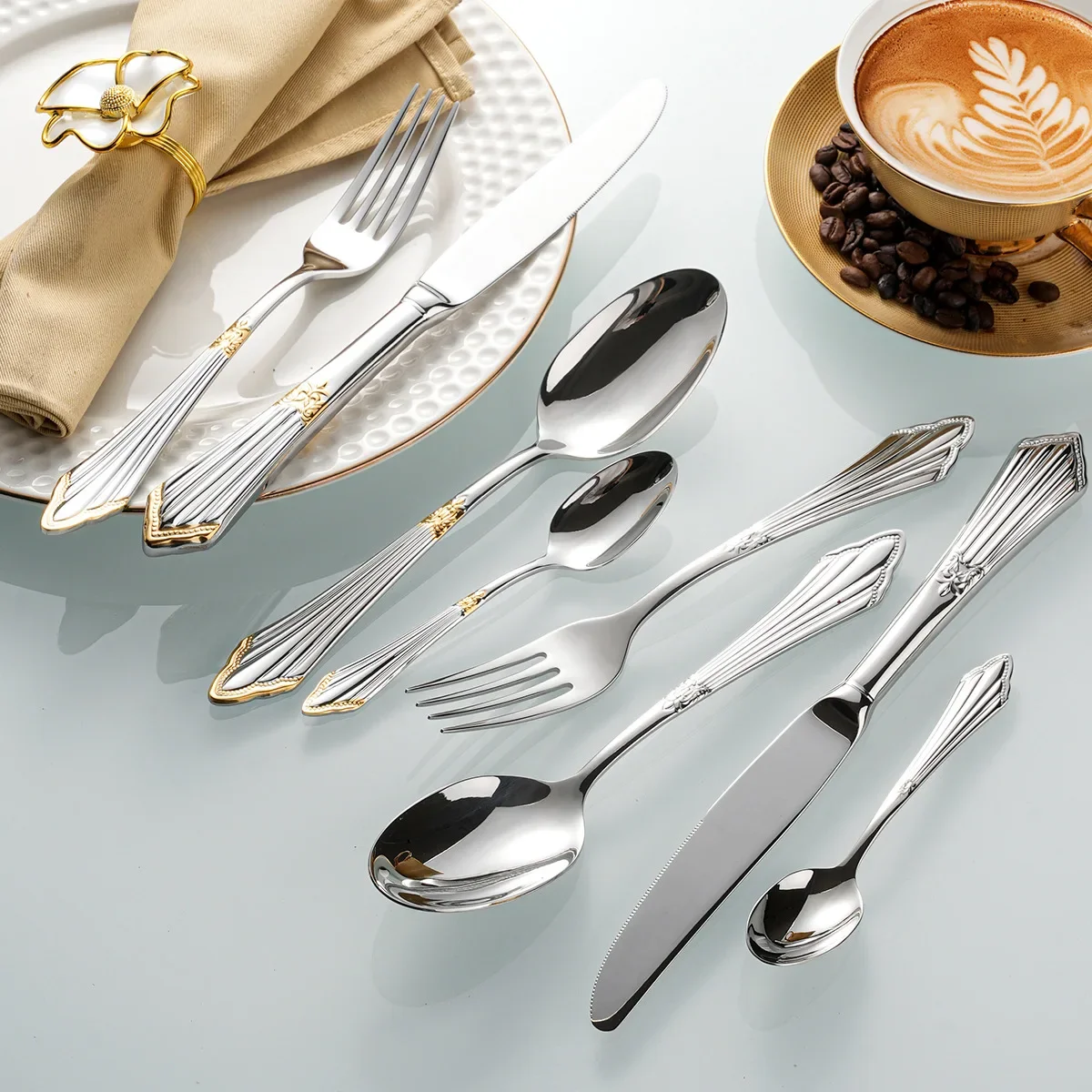 4Pcs Dinnerware Set Stainless Steel Cutlery Carved Handle Spoon Fork Knife Tableware Silverware Kitchen Western Supplies Gift