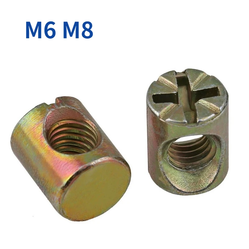 5/10/20/50pcs M6 M8 Barrel Bolts Cross Dowel Slotted Fittings For Beds Crib Chairs Horizontal Hole Nut Hammer Embedded Nut