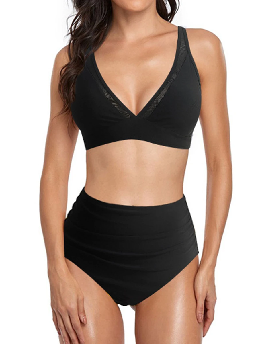 

2025 Sexy High Wasited Swimsuit Women Solid Black Bikini Mesh Swimwear Female Bathers Bathing Swimming Swim Suit Beachwear