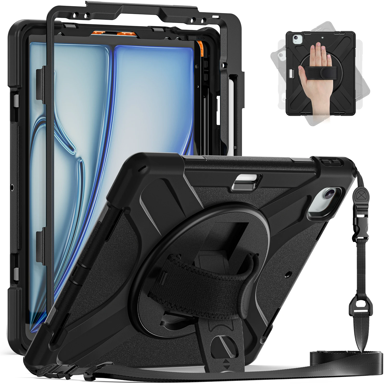 Rugged Case for iPad Air 13 (2024) Anti-fall with Swivel Stand Hand Shoulder Strap Cover for iPad Pro 12.9 2022 2021 2020 2018