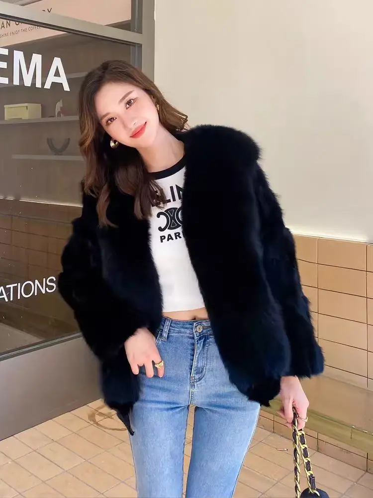 2024 autumn and winter new full leather fox fur coat women\'s short full leather placket V-neck thickened real fur coat