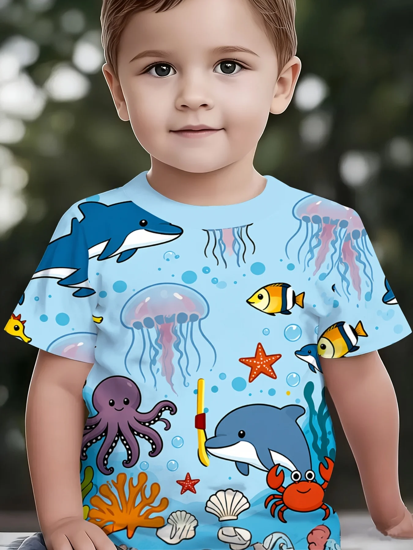 Kids Crew Neck Tee, Allover Ocean Creature Print, Fashion Boys Girls Summer Short Sleeve T-Shirt