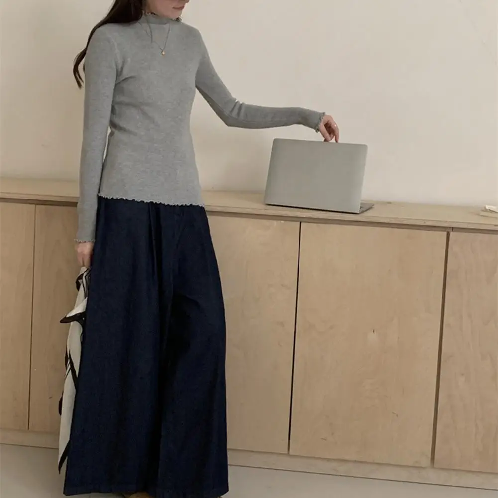 

Вязаная хлопковая блузка с полувысоким воротником, свитер с длинными рукавами и воротником с рюшами, нижняя рубашка, высокоэластичные базовые топы