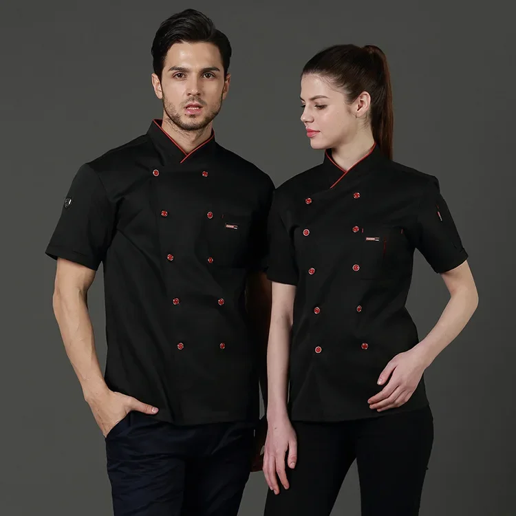 Uniformes de Chef para hombre y mujer, ropa de trabajo de cocina, restaurante, servicio de comida, manga corta, doble botonadura, chaquetas de Catering, uniforme de herramientas