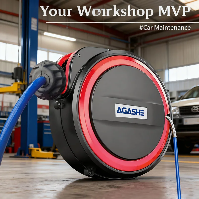 12x8mm Automatic Retractable Hose Reel, 15m/590' Polyurethane Braided Air Hose, 1/2' Compressor Automatic Rewinder