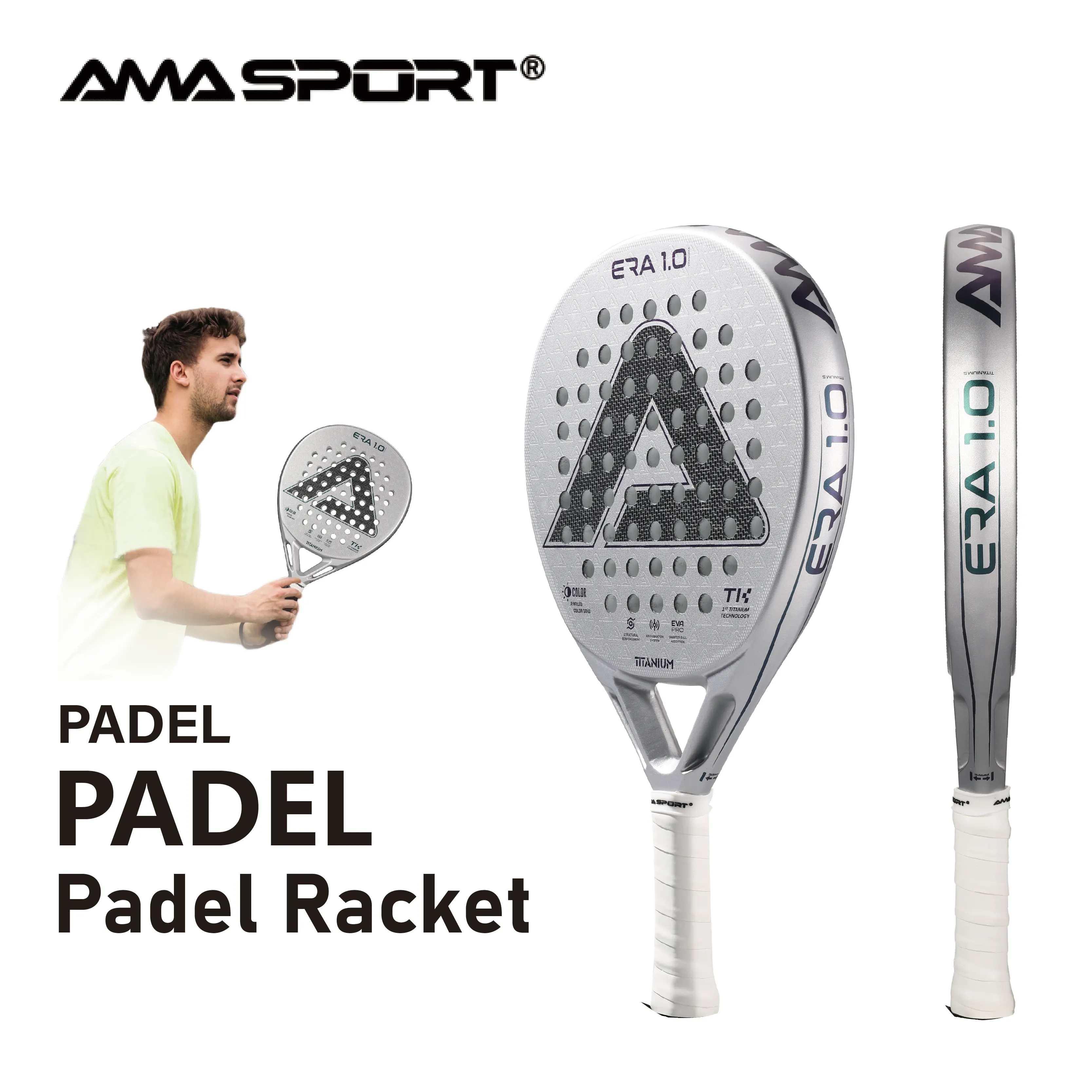 

AMASPORT Titanium Silver Surface Diamond Shape Padel Racket with Precision Hole,Intelligence Rebound Cork High