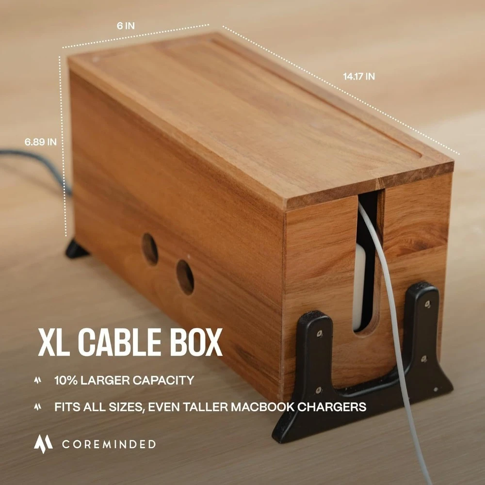 

Wooden Cable Management Box with Lid, Desk Cord Organizer Hider for Power Strip Charger Cables, Neat Home Office Storage