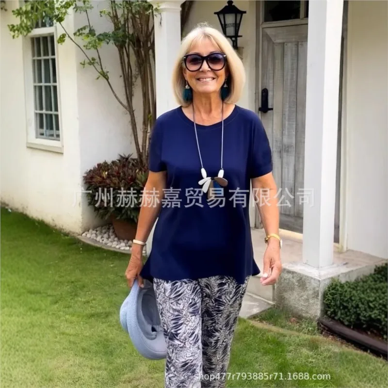 Moda elegante conjunto de duas peças para mulher 2025 cor sólida em torno do pescoço manga curta camiseta + calças impressas terno roupas de verão