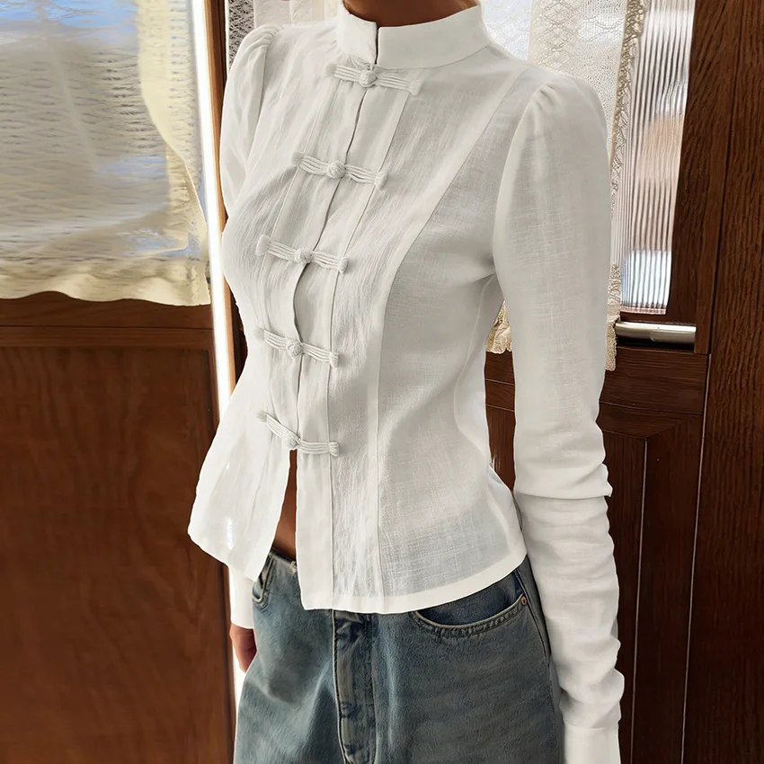 

2026 Spring New New Chinese Style Buckle Stand-up Collar Waist Shirt Female Slim and Thin Temperament Commuter Long-sleeved Top