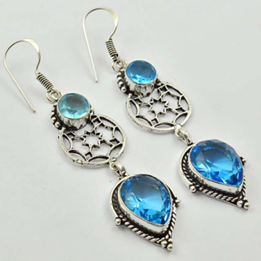 Blue Topas   Earrings  Silvers  Overlay over Copper,  Total Length  70mm , E2960