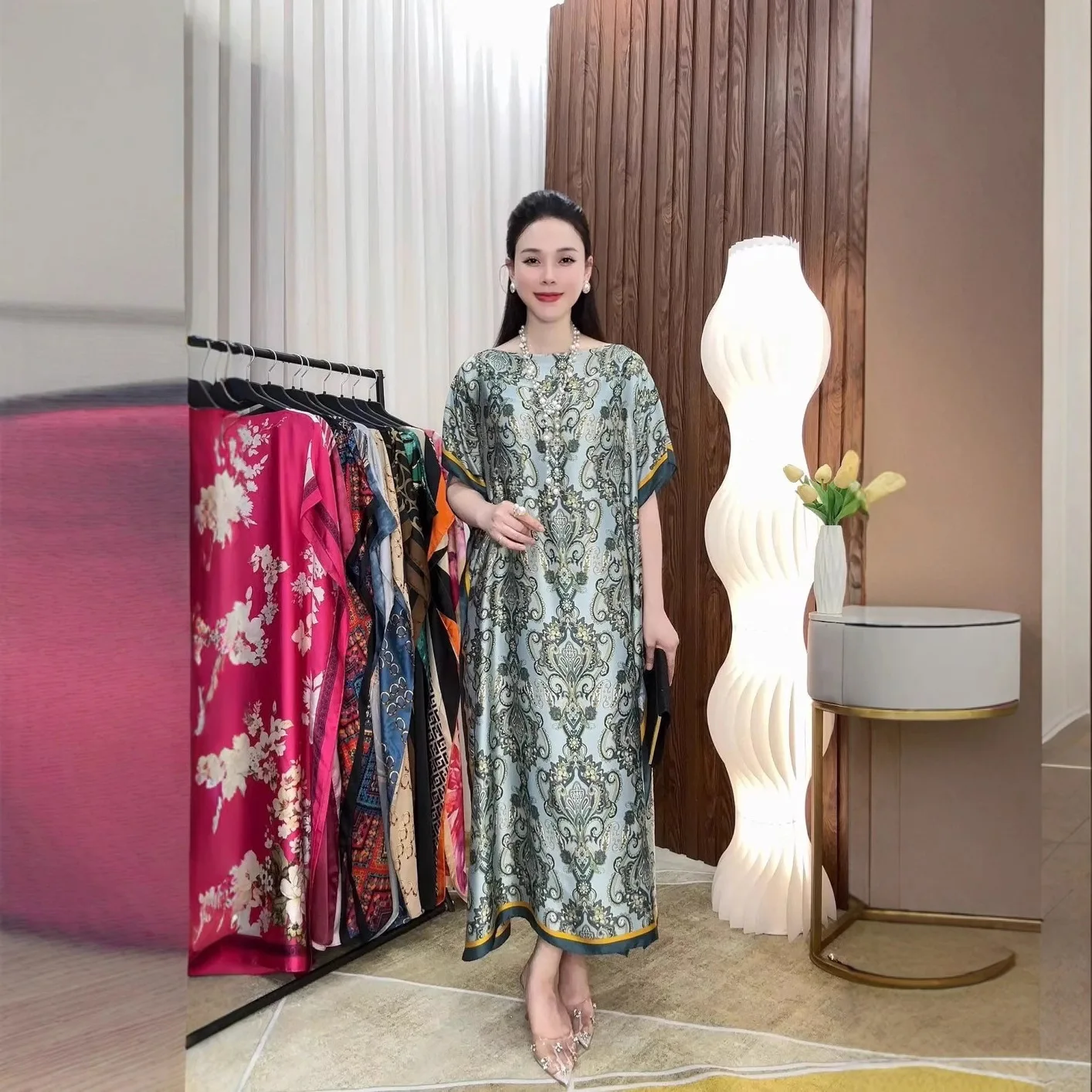 

Abaya Dress Imitation Silk women Kaftan dress Tourist vacation short sleeved long skirt