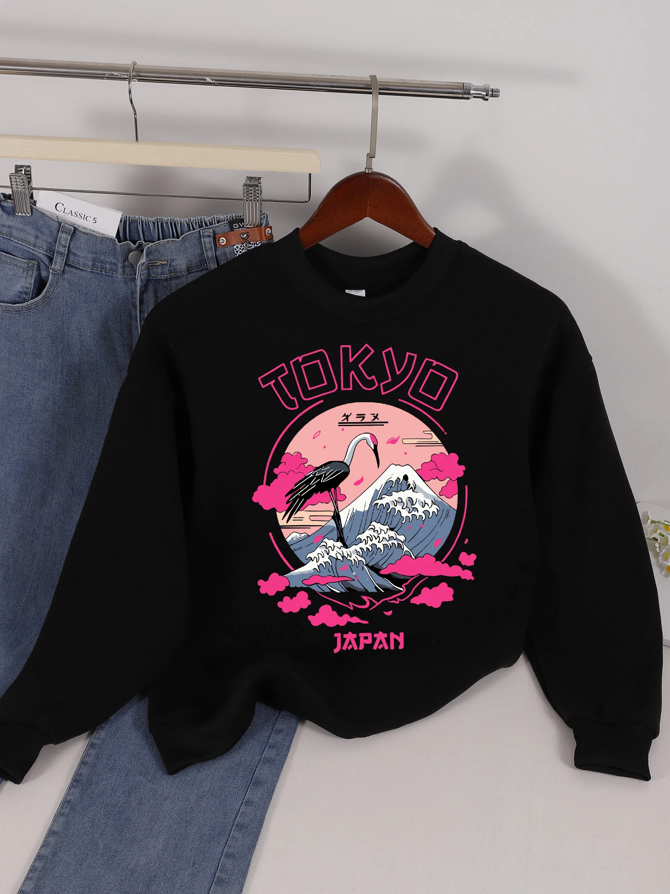 

Tokyo Japan Crane Waves Design Женские пуловеры Винтажная теплая толстовка Повседневная мягкая одежда Флисовая женская спортивная одежда в стиле хип-хоп