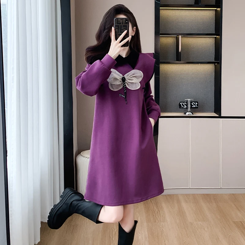 Women Cotton Mini Dresses Female O Neck Long Sleeve Large Size Elegant Autumn Winter 3D Decoration Black Purple Loose Vestidos