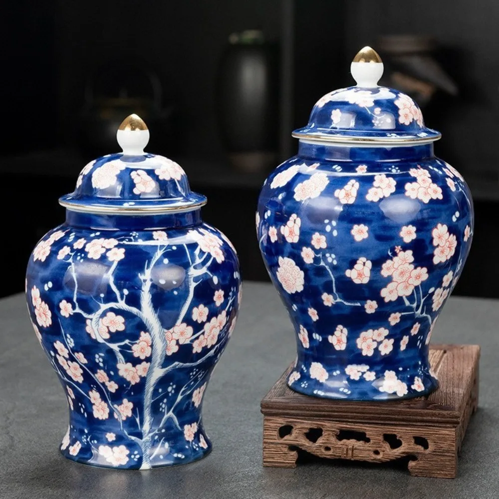 900ML Plum Blossom Ceramic Tea Jar Blue and White Ice Plum Glaze Ginger Jar Dried Fruit Sealed Jar Art Home Decoration Retro