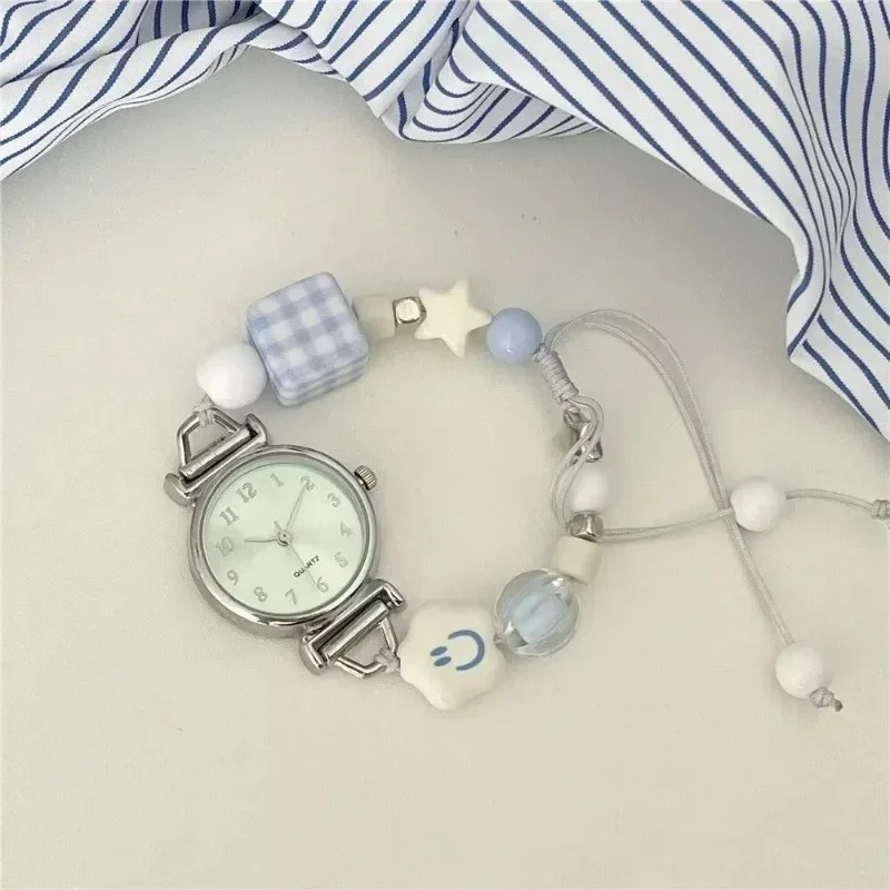 

Kawaii Blue Beads Bracelet Strap Women Wristwatch Simple Small Round Dial Ladies Quartz Watch Girls Kids Clock Gift