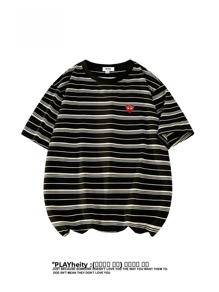 

Play Hei Summer New Loose Stripe Casual Top Men Women ort Sve T irt Faionable Versatile Breathable Polyester Blend