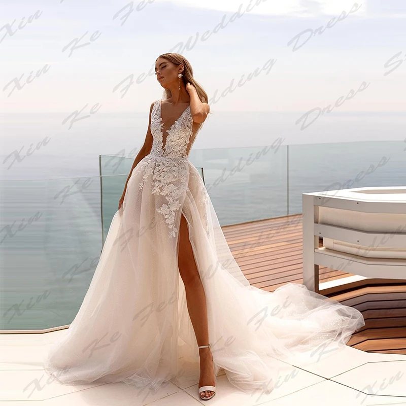 Simple Wedding Dresses Vintage Sexy Backless Mermaid Off The Shoulder Sleeveless High Slit Fluffy Princess Style Bridal Gowns