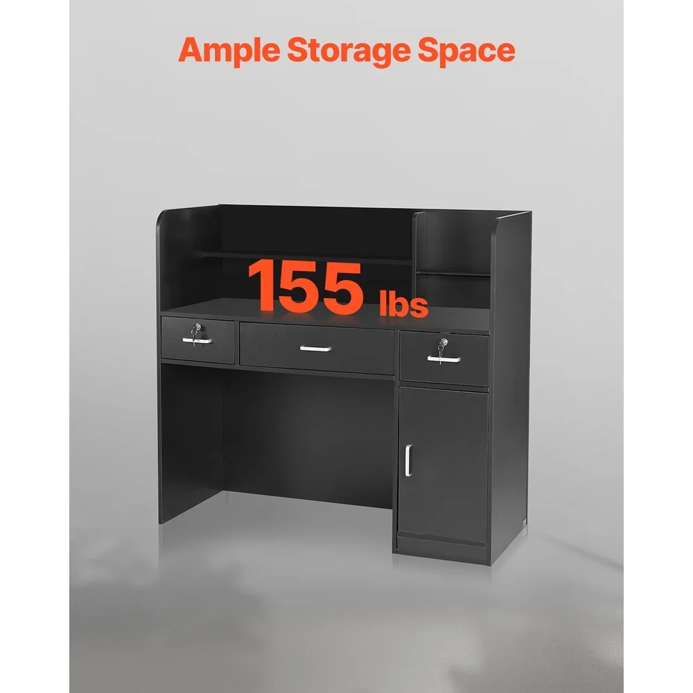 مكتب استقبال قوي مع أدراج قابلة للقفل، خزانة تخزين واسعة، سهلة التجميع، مقاومة للماء، MDF، مساحات مكتبية مثالية للبيع بالتجزئة