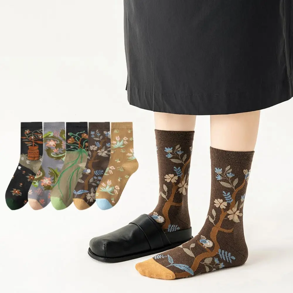 

Fashion Revivalism Floral Tube Socks Thin Breathable Girls Mid-calf Socks Flower Hosiery Retro Style Sock Women Female