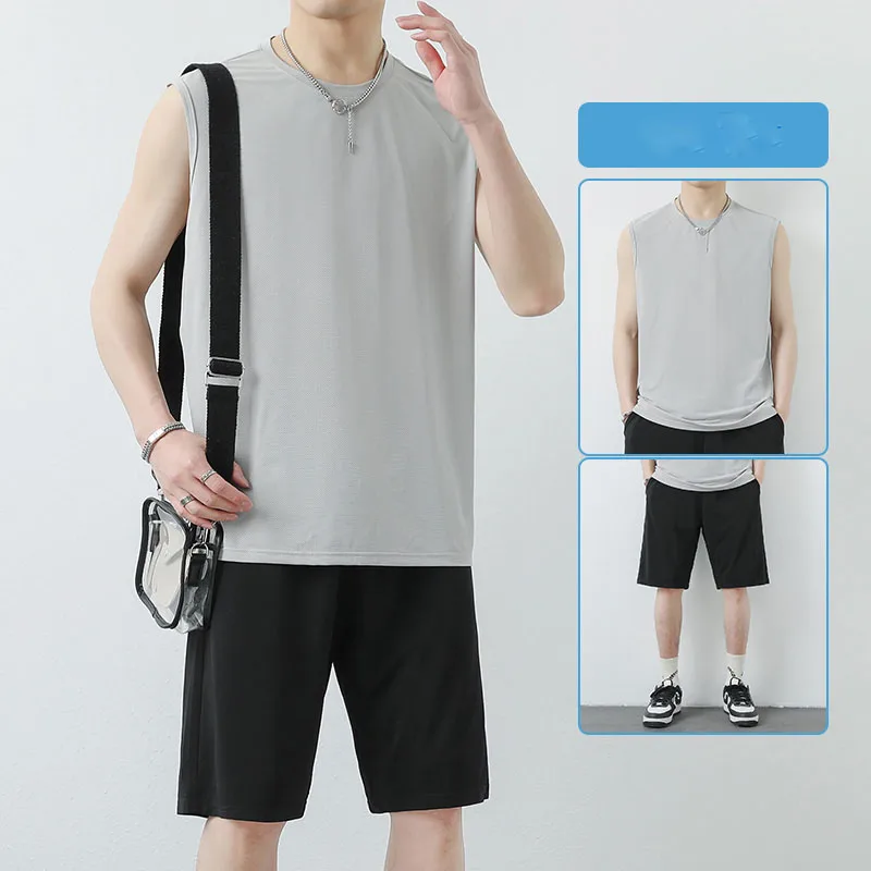 Fashion O-Neck Loose Casual Solid Color Sleeveless Tank Top Men's Sets 2024 Summer New Oversized All-match Casual Sets