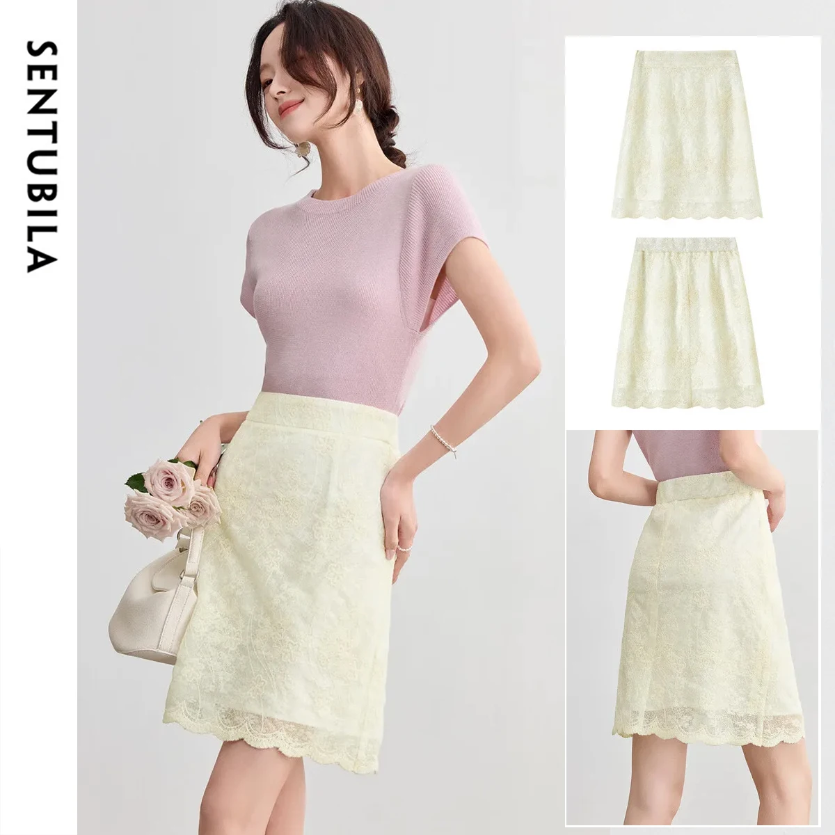 

SENTUBILA Flora Lace Short Apricot Skirts Woman 2025 Summer Petal Hem Elegant Female Skirt A-line High-waisted Skirt 152QA2378