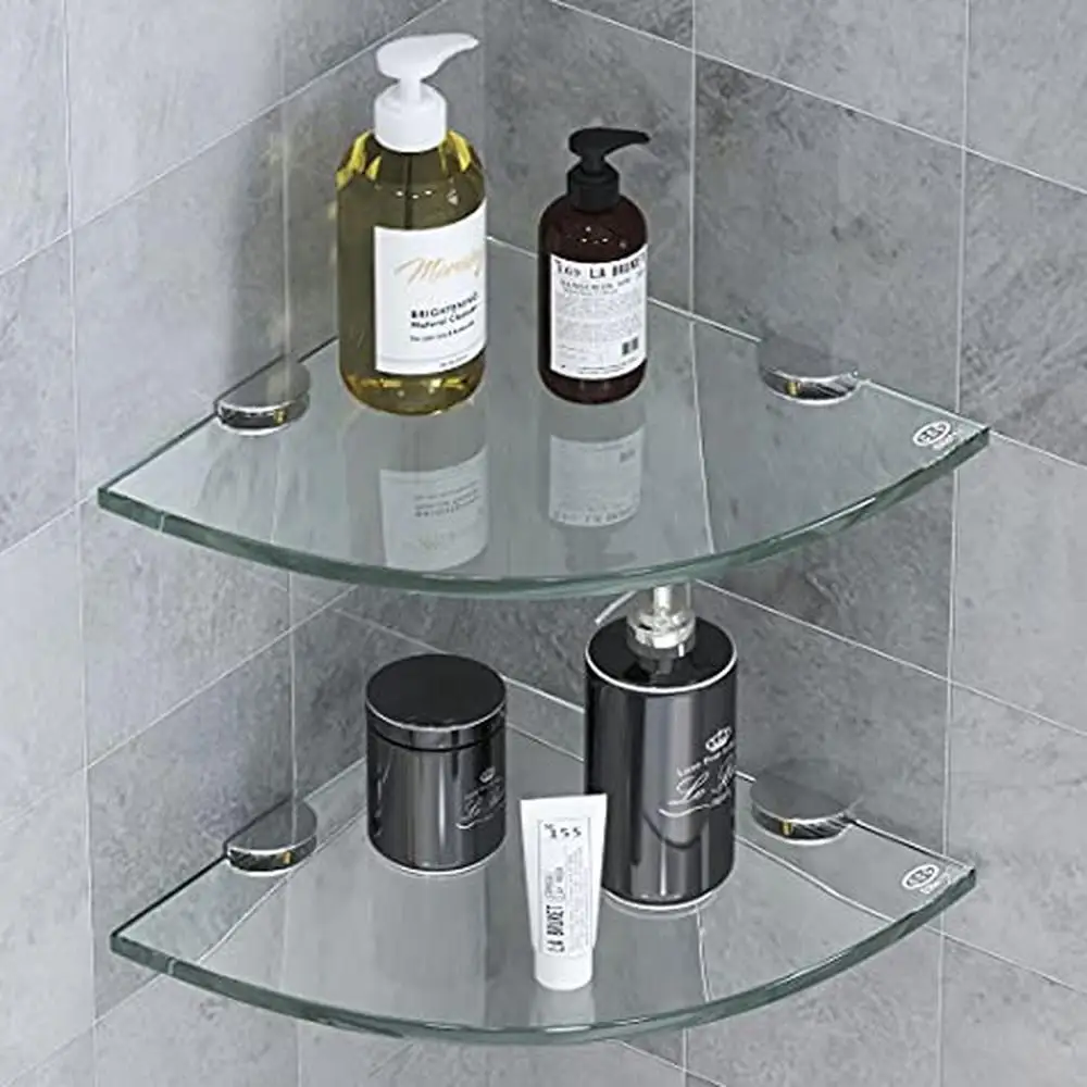 2-Pack Tempered Glass Corner Shelves Wall Mount Bathroom Organizer Shower Caddy Holder Shampoo Soap Sturdy Mounting Kit included