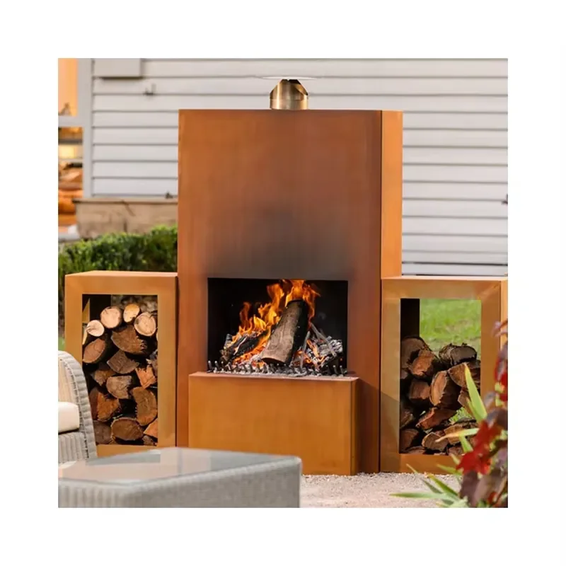 Custom Steel Fire Pit With Log Storage Garden Round Rusty Brazier Square Fire Pit Bbq Grill Heater Outdoor