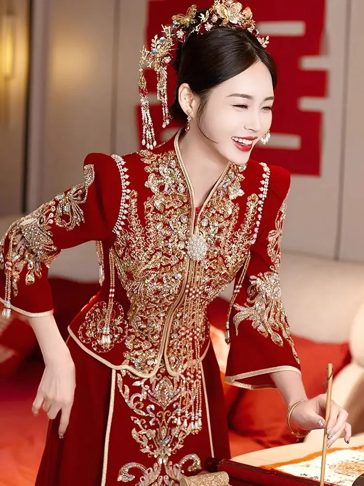 

Ele Chinese Sle Wedding Dr New 2026 ow He Bridal Gown Long Sve Embroidered Stand Collar for Women Winter Wedding