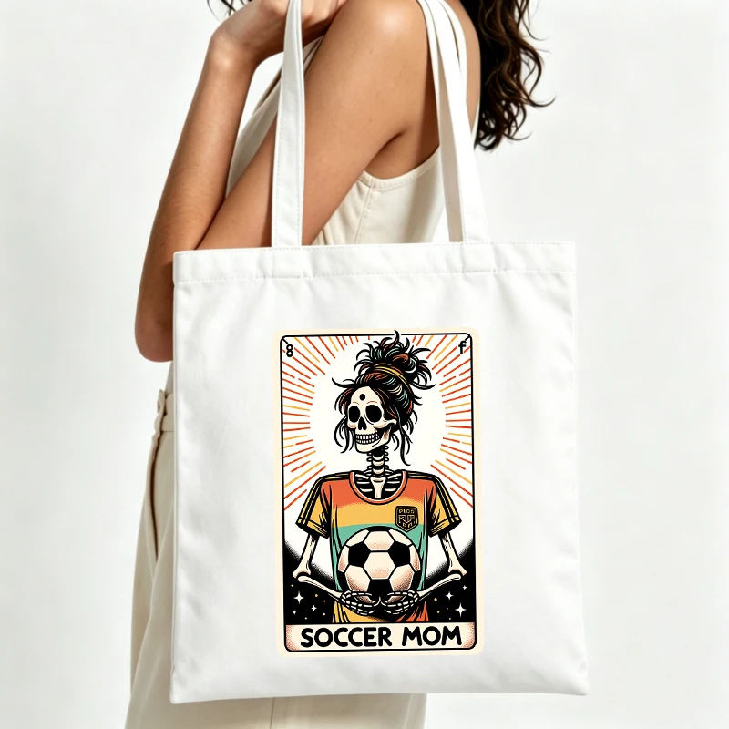 skull graphic canvas tote bag with soccer ball design, retro style for casual daily use