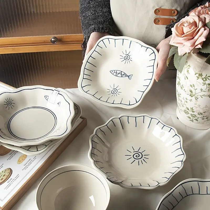 Japanese Vintage Porcelain Plate New Creative Restaurant Homehold Tableware Fish Steak Pasta Soup Plates Kitchen Supplies