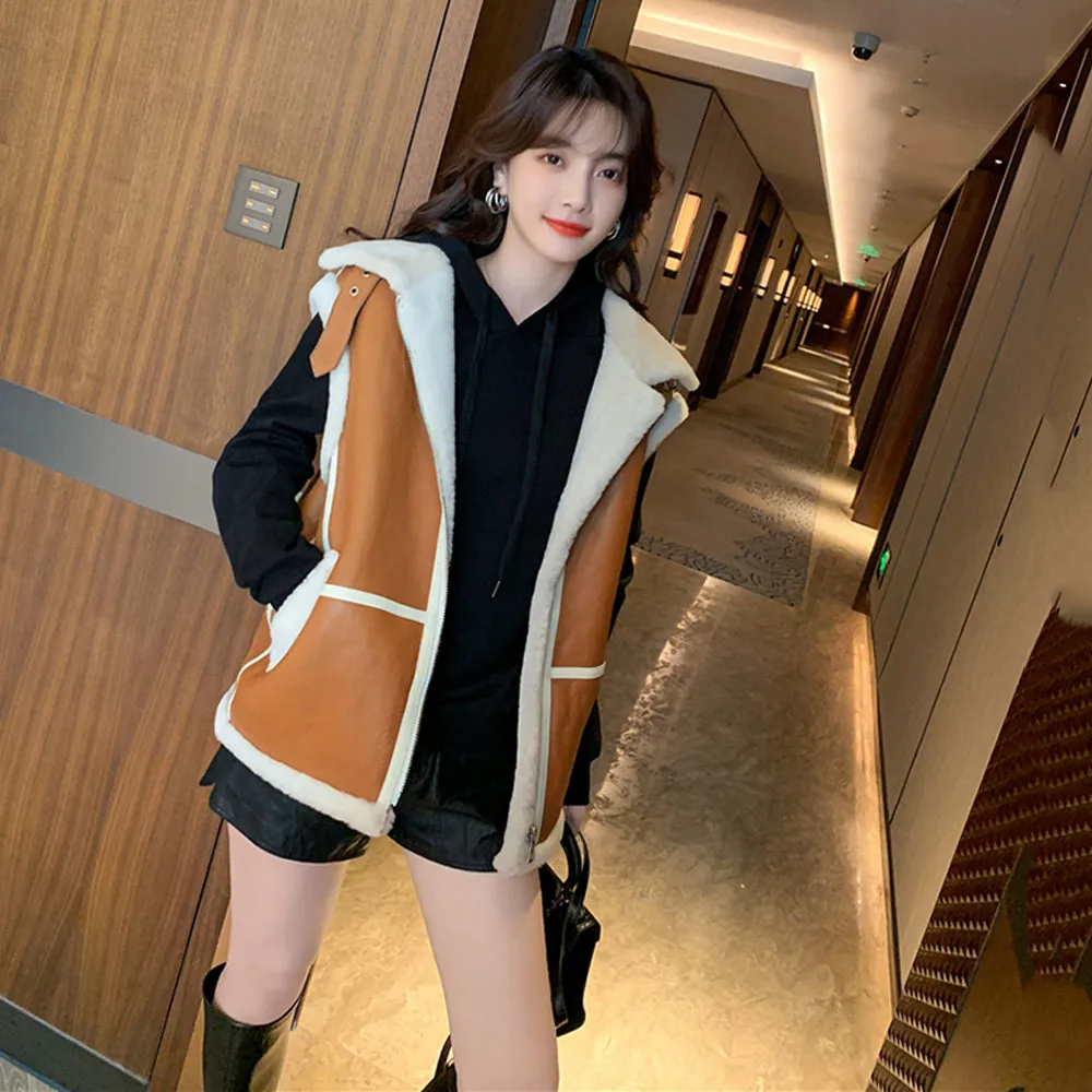 Winter Wool PU Leather Jacket Vest Female Winter Fur Integrated Thick Lamb Korean PU Leather Coat Clothing Fashion Loose